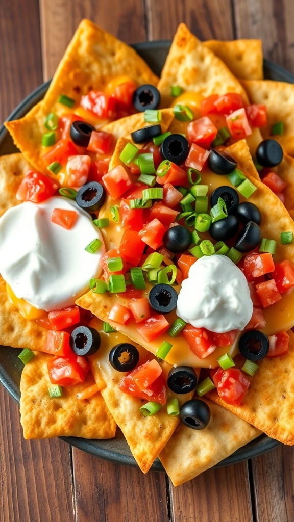 A colorful plate of pita bread nachos topped with cheese, tomatoes, olives, and jalapeños, served with sour cream and salsa.